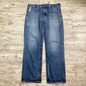Parish Men’s Medium Wash Dark Blue Straight Leg Jeans Button Fly Relaxed Fit